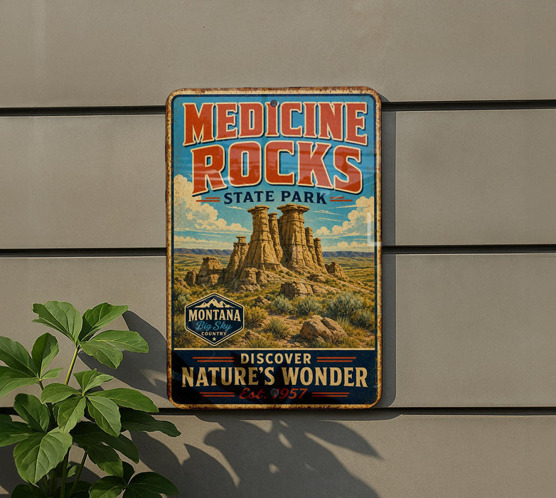 A vintage-style metal sign for Medicine Rocks State Park, featuring a scenic image of the rock formations.