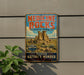 A vintage-style metal sign for Medicine Rocks State Park, featuring a scenic image of the rock formations.