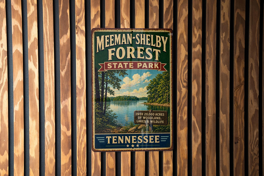 A vintage-style metal sign for Meeman-Shelby Forest State Park in Tennessee, featuring a scenic landscape with a lake and trees.