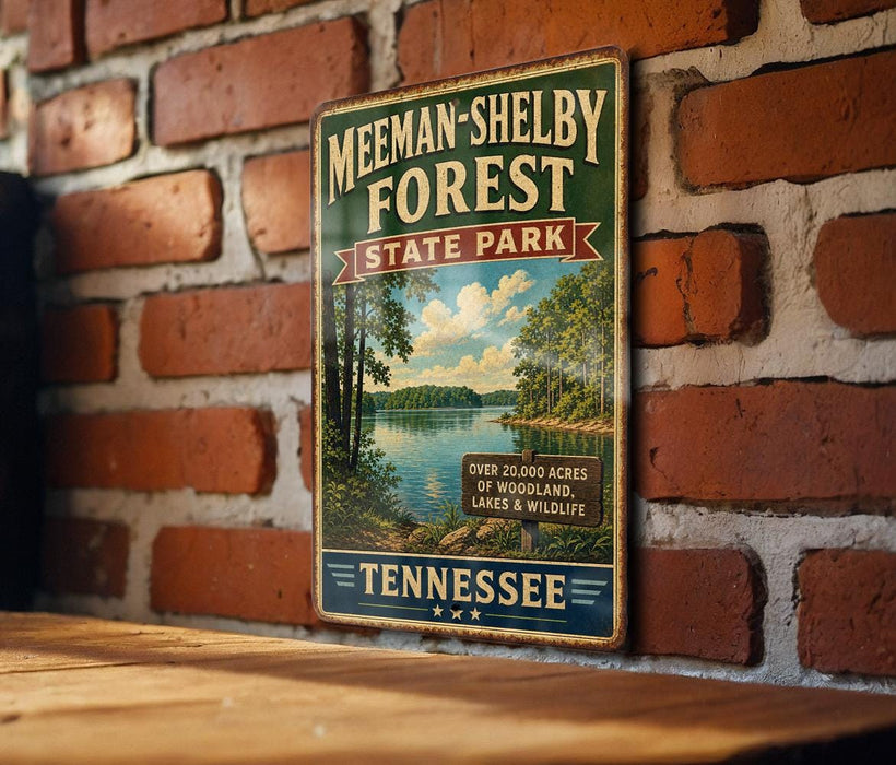 A vintage-style metal sign for Meeman-Shelby Forest State Park in Tennessee, featuring a scenic landscape with a lake and trees.