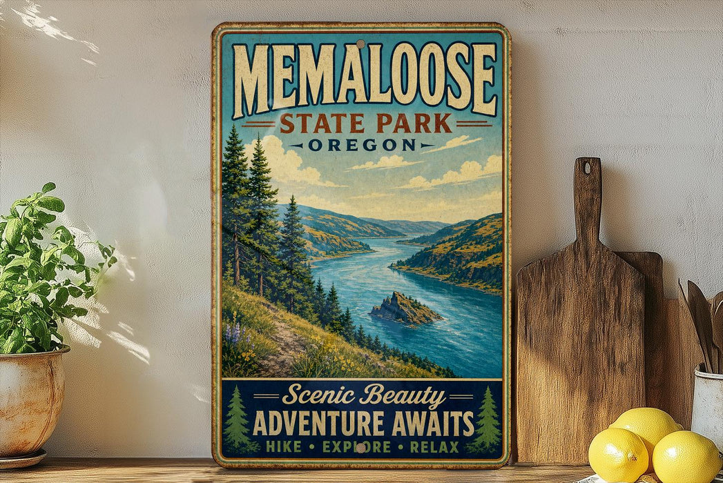 A vintage-style poster advertising Memalose State Park in Oregon, featuring a scenic mountain landscape with a river and pine trees.