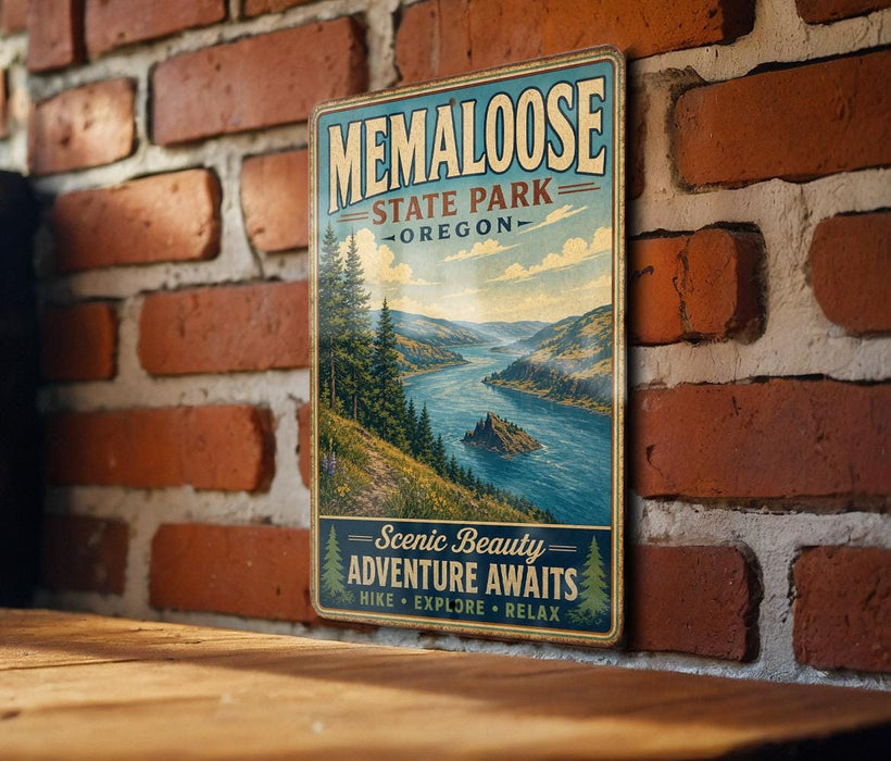 A vintage-style metal sign for Memalose State Park in Oregon, featuring a scenic landscape with a river and mountains.