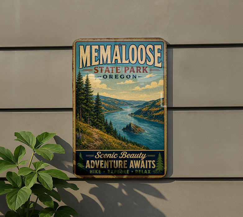 A vintage-style metal sign for Memalose State Park in Oregon, featuring a scenic landscape with a river and mountains.