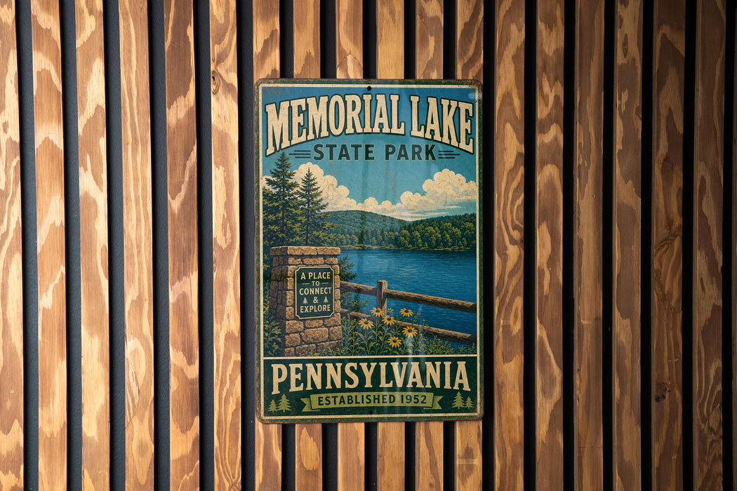 A vintage metal sign for Memorial Lake State Park in Pennsylvania, featuring a scenic image of the lake and surrounding landscape.