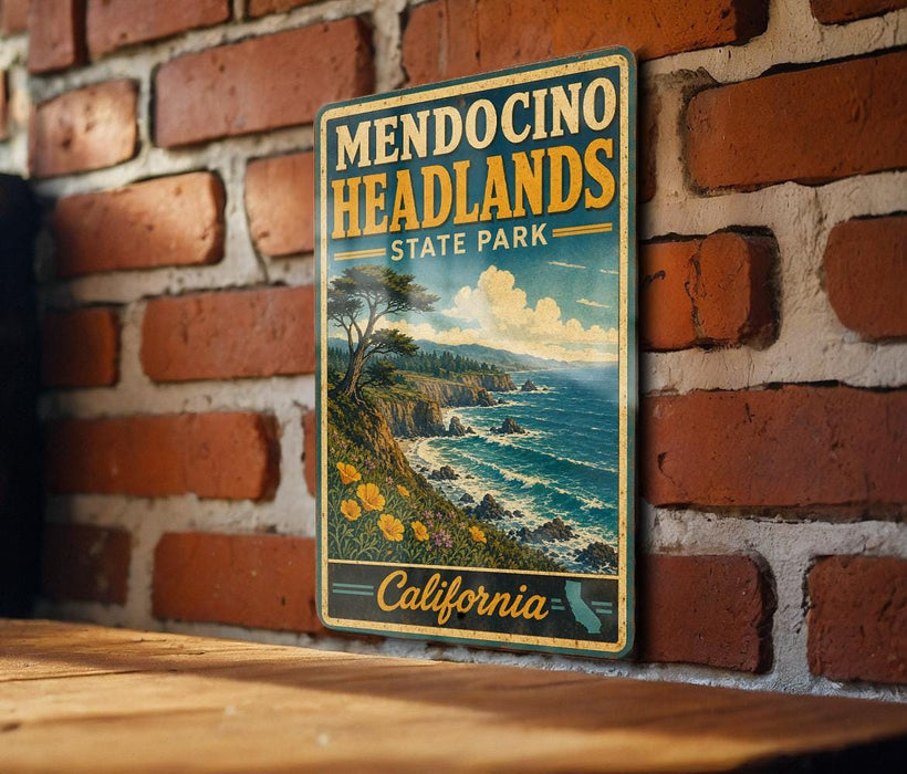 A vintage-style metal sign for Mendocino Headlands State Park in California, featuring a scenic coastal landscape with a cliff, ocean, and trees.