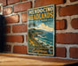 A vintage-style metal sign for Mendocino Headlands State Park in California, featuring a scenic coastal landscape with a cliff, ocean, and trees.