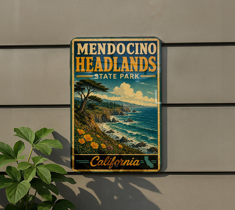 A vintage-style metal sign for Mendocino Headlands State Park in California, featuring a scenic coastal landscape with a tree, flowers, and the ocean.