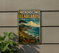 A vintage-style metal sign for Mendocino Headlands State Park in California, featuring a scenic coastal landscape with a tree, flowers, and the ocean.
