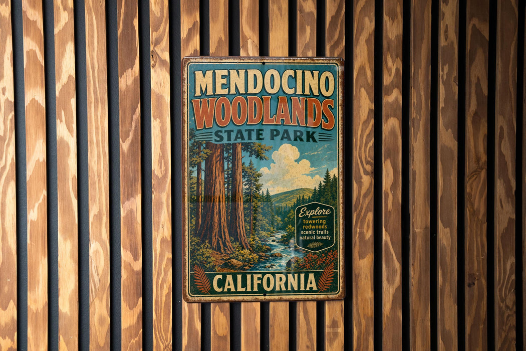 A vintage metal sign for Mendocino Woodlands State Park in California, featuring a scenic image of the park's natural surroundings.