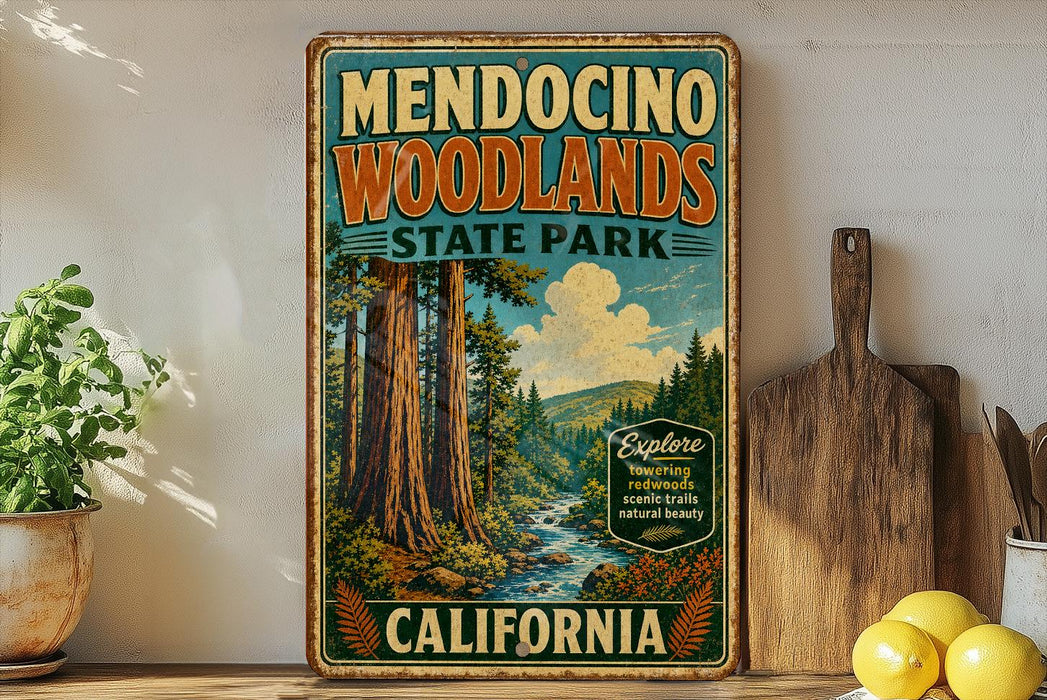 A vintage-style metal sign for Mendocino Woodlands State Park in California, featuring a scenic illustration of the park's forests and a river.