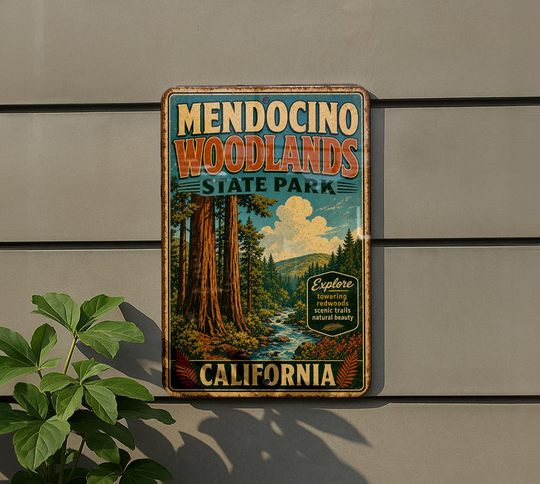 A vintage metal sign for Mendocino Woodlands State Park in California, featuring a scenic illustration of the park's natural surroundings.