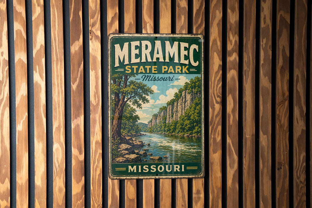 A vintage metal sign for Meramec State Park in Missouri, featuring a scenic landscape with a river and trees.