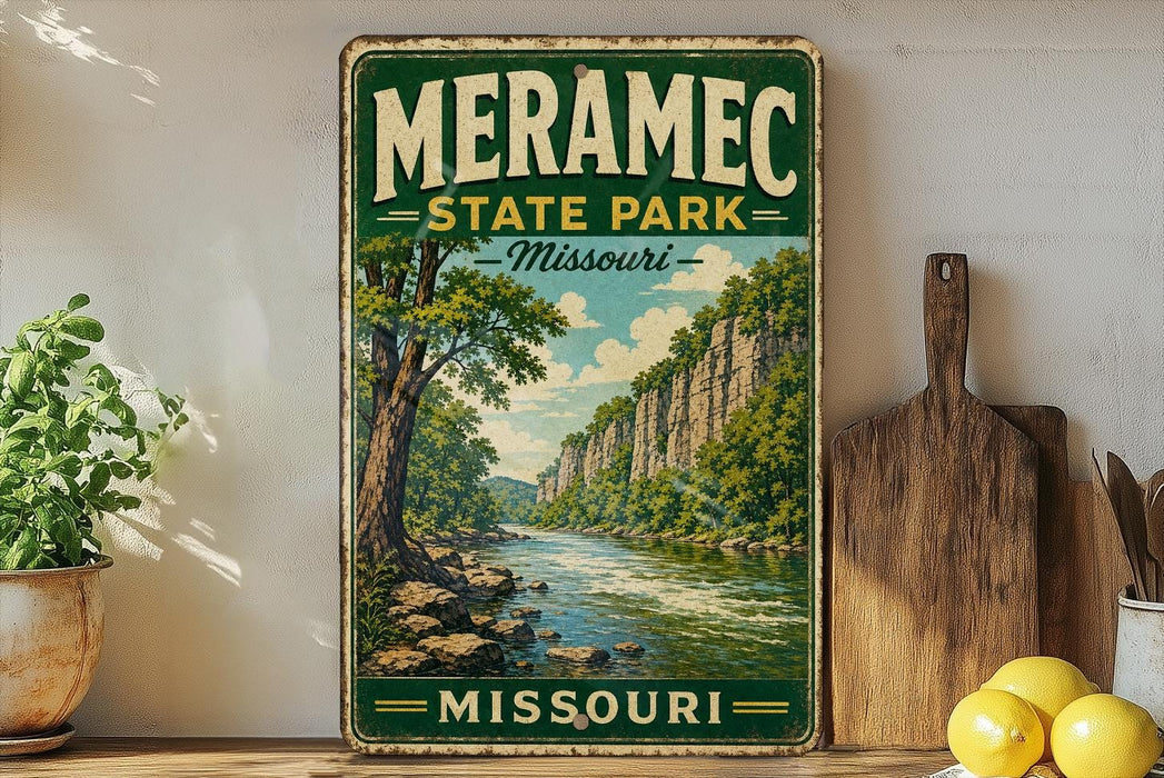A vintage-style sign forMERAMEc State Park in Missouri, featuring a scenic landscape with a river and mountains.