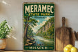 A vintage-style sign forMERAMEc State Park in Missouri, featuring a scenic landscape with a river and mountains.