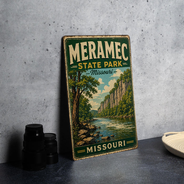A vintage-style metal sign for Meramec State Park in Missouri, featuring a scenic illustration of a river and forest landscape.