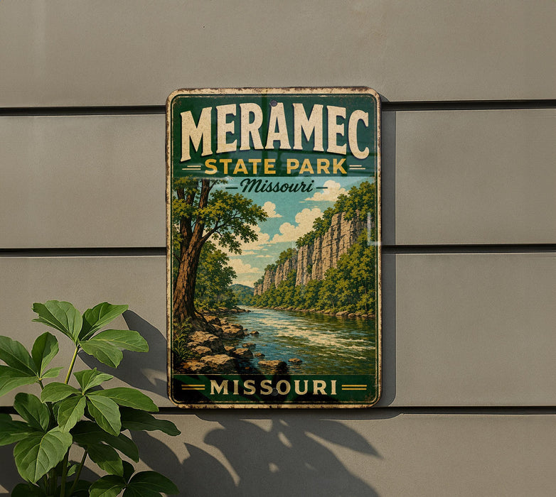 A vintage-style metal sign forMERAMEc State Park in Missouri, featuring a scenic landscape with a river and trees.