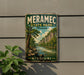 A vintage-style metal sign forMERAMEc State Park in Missouri, featuring a scenic landscape with a river and trees.