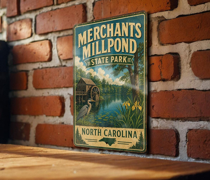 A vintage-style metal sign for "Merchants Mill Pond State Park" in North Carolina, featuring a scenic illustration of a watermill and surrounding landscape.