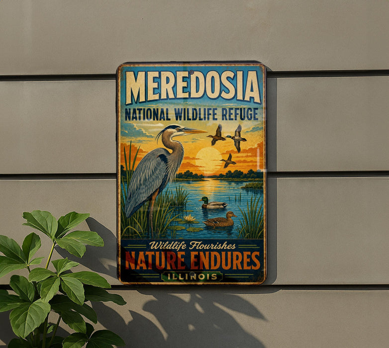 A vintage-style metal sign for the Meredosa National Wildlife Refuge in Illinois, featuring an illustration of a heron and ducks in a natural setting.