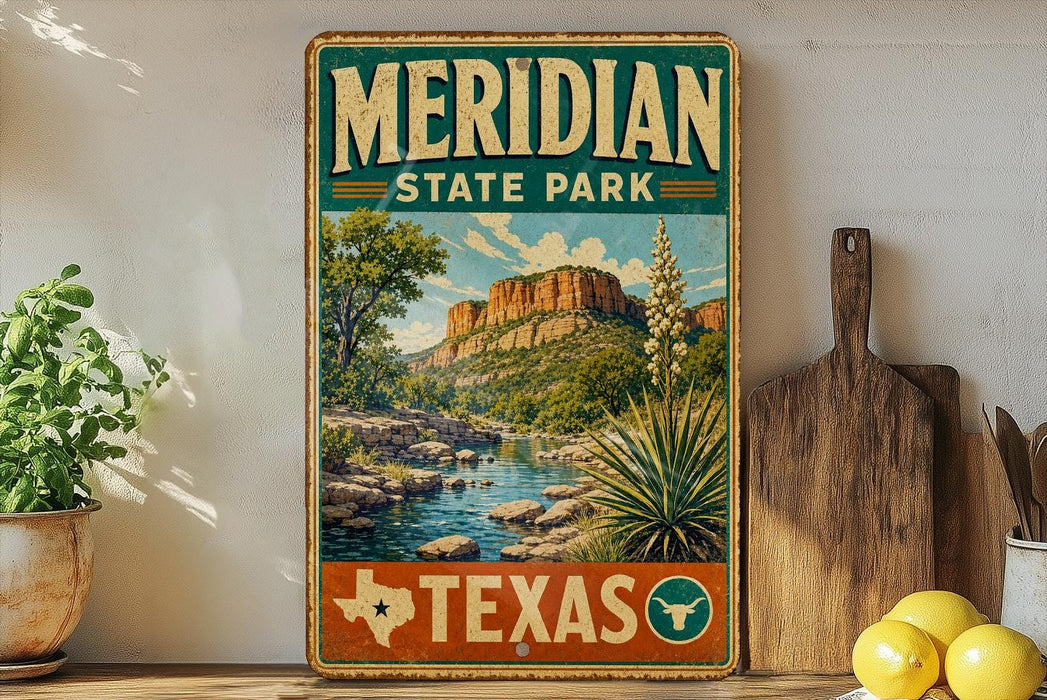 A vintage-style metal sign for Meridian State Park in Texas, featuring a scenic landscape with a mountain, river, and desert vegetation.