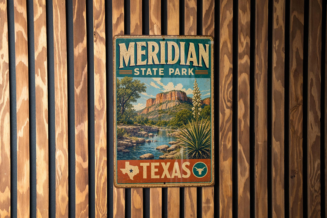 A vintage metal sign for Meridian State Park in Texas, featuring a scenic landscape with mountains, a river, and desert vegetation.