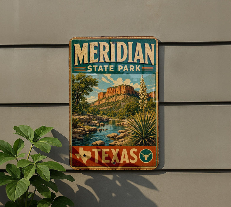 A vintage-style metal sign for Meridian State Park in Texas, featuring a scenic landscape with mountains, a river, and desert vegetation.