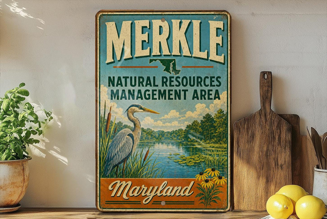 A vintage-style sign for the Merkle Natural Resources Management Area in Maryland, featuring an illustration of a bird and a river.