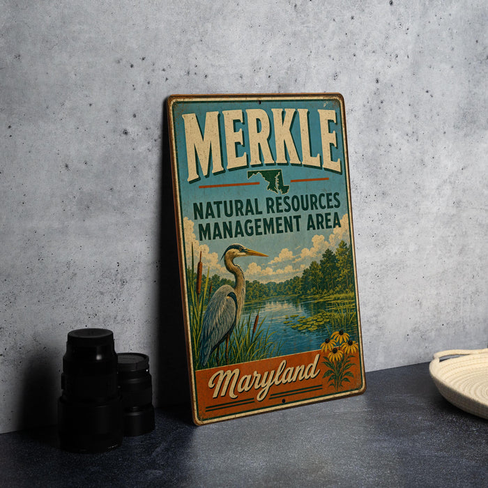 A vintage metal sign for the Merkle Natural Resources Management Area in Maryland, featuring an illustration of a bird and a river.