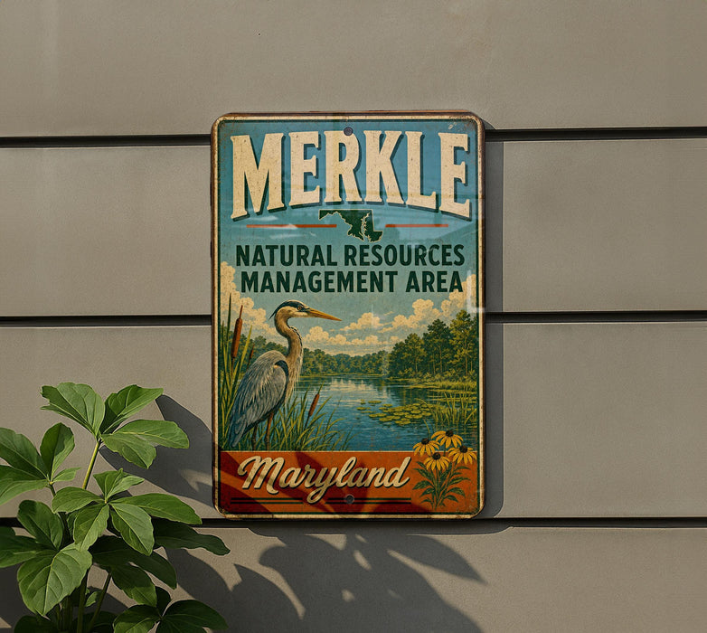 A vintage metal sign for the Merkle Natural Resources Management Area in Maryland, featuring a bird and a landscape scene.