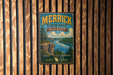 A vintage metal sign for Merrick State Park in Wisconsin, featuring a scenic landscape with a river, cliffs, and pine trees.