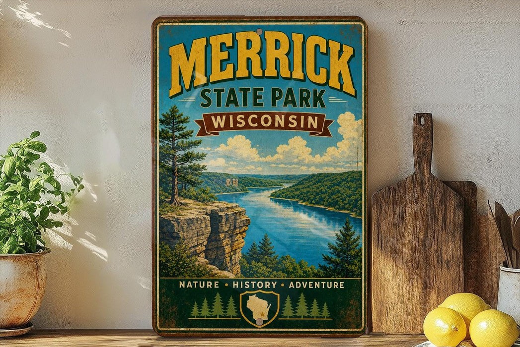 A vintage-style poster of Merrick State Park in Wisconsin, featuring a scenic landscape with a river, cliffs, and pine trees.