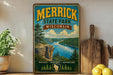 A vintage-style poster of Merrick State Park in Wisconsin, featuring a scenic landscape with a river, cliffs, and pine trees.