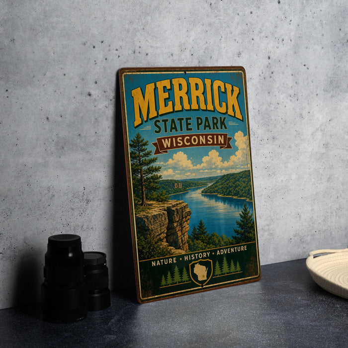 A vintage-style metal sign for Merrick State Park in Wisconsin, featuring a scenic landscape with a lake and mountains.