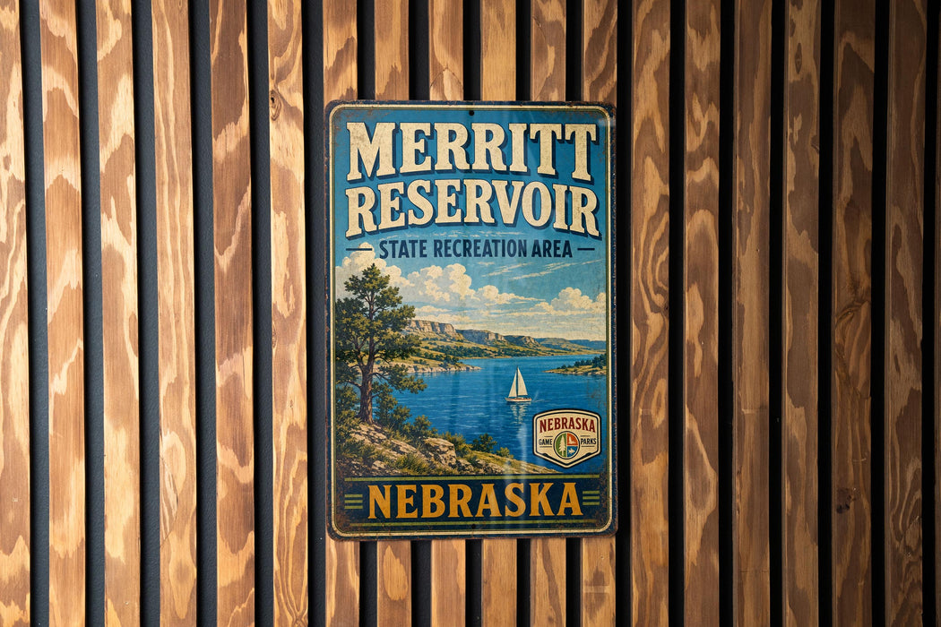A vintage metal sign for the Merritt Reservoir State Recreation Area in Nebraska, featuring a scenic landscape with a lake, mountains, and a sailboat.