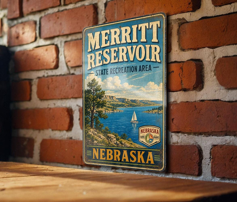 A vintage metal sign for the Merritt Reservoir State Recreation Area in Nebraska, featuring a scenic landscape with a lake, mountains, and a sailboat.