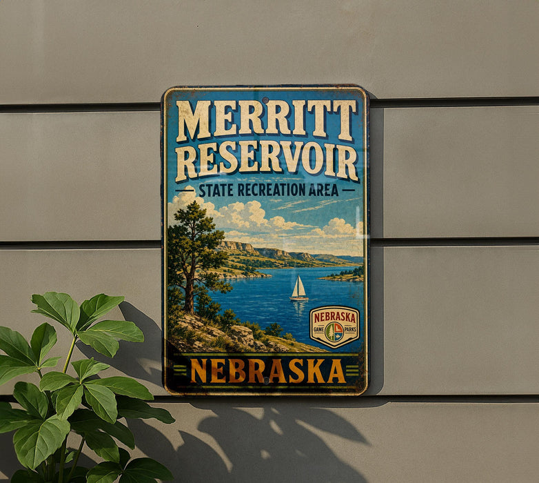A vintage metal sign for the Merritt Reservoir State Recreation Area in Nebraska, featuring a scenic landscape with a lake, mountains, and a sailboat.