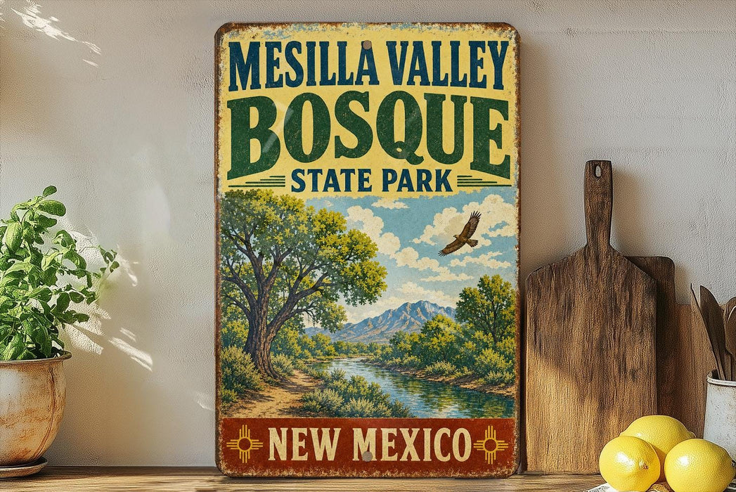 A vintage-style sign for Mesilla Valley Bosque State Park in New Mexico, featuring a scenic landscape with a river, mountains, and a bird in flight.