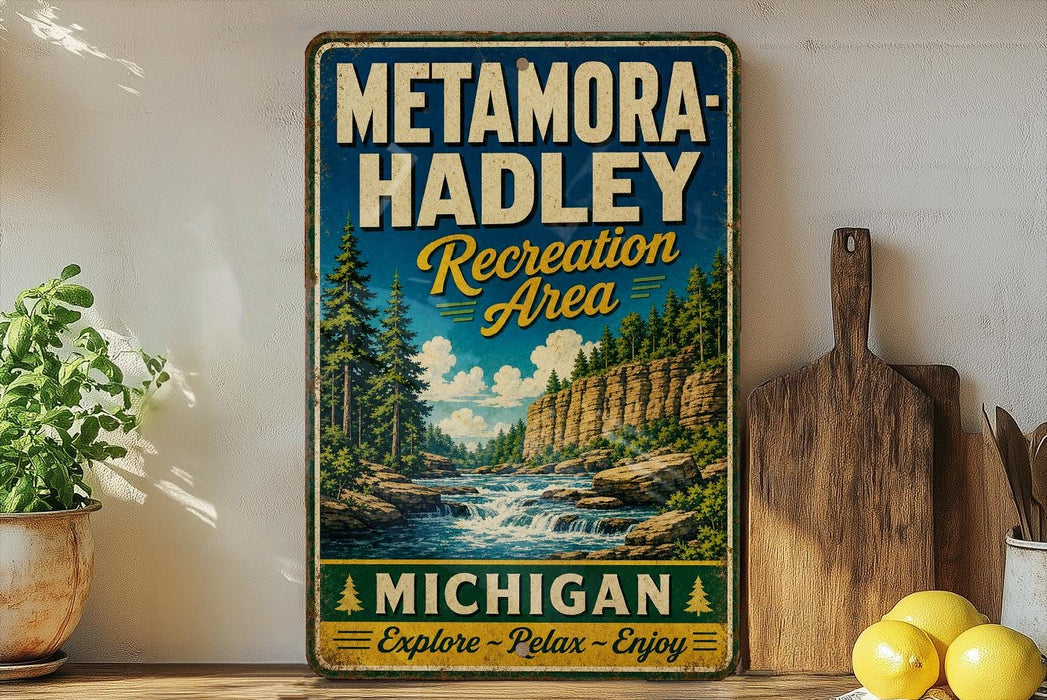A vintage-style metal sign for Metamora-Hadley Recreation Area in Michigan, featuring a scenic landscape with a waterfall and pine trees.