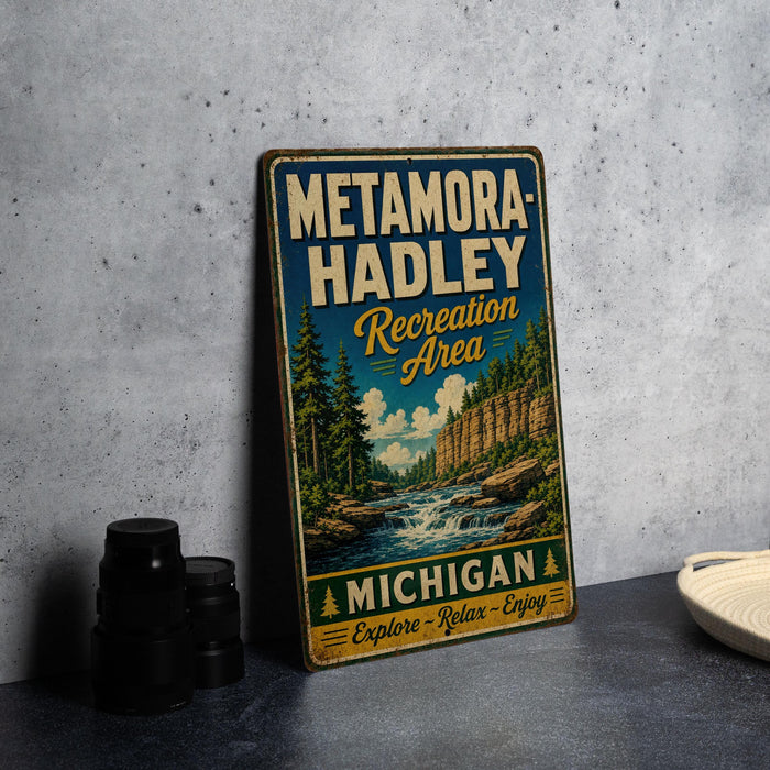 A vintage metal sign for the Metamora-Hadley Recreation Area in Michigan, featuring a scenic illustration of a river and forest landscape.