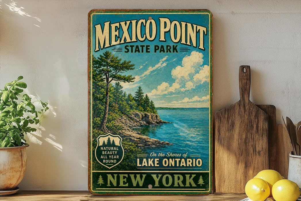 A vintage-style sign for Mexico Point State Park in New York, featuring a scenic landscape with a lake and pine trees.