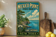 A vintage-style sign for Mexico Point State Park in New York, featuring a scenic landscape with a lake and pine trees.