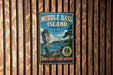 A vintage-style metal sign for Middle Bass Island, Ohio, featuring a scenic landscape with a rock formation, a lake, and a lighthouse.