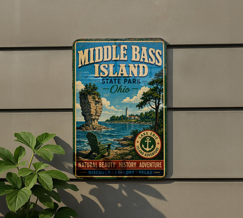 A vintage-style metal sign for Middle Bass Island, Ohio, featuring a scenic landscape with a rock formation, lake, and a lighthouse.