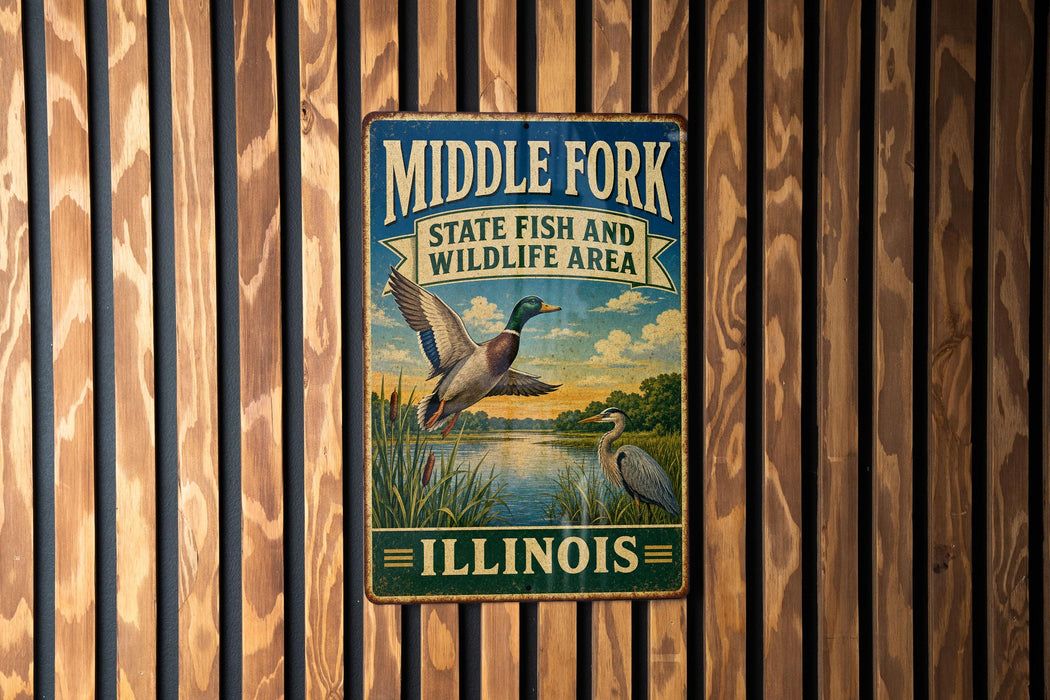 A vintage metal sign for Middle Fork State Fish and Wildlife Area in Illinois, featuring a duck and a heron in a scenic landscape.