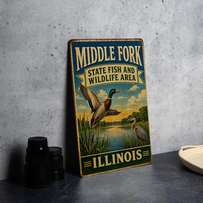 A vintage-style sign for the "Middle Fork State Fish and Wildlife Area" in Illinois, featuring an illustration of ducks and other wildlife in a natural setting.