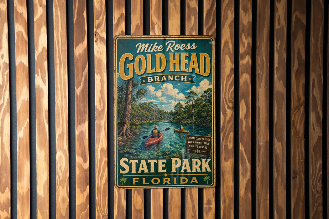 A vintage-style metal sign for Mike Roess Gold Head Branch, located at State Park in Florida.
