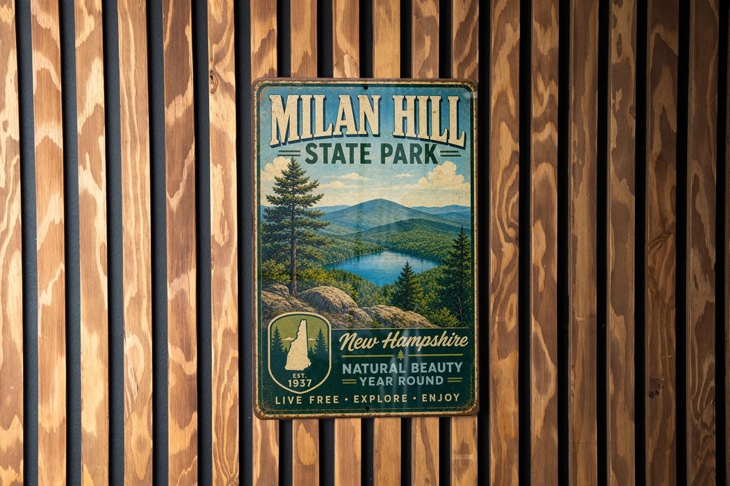 A vintage metal sign for Milan Hill State Park, featuring a scenic landscape with a lake and mountains.