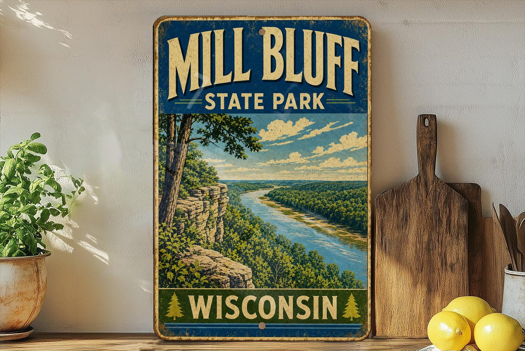 A vintage-style sign for Mill Bluff State Park in Wisconsin, featuring a scenic landscape with a river and forest.