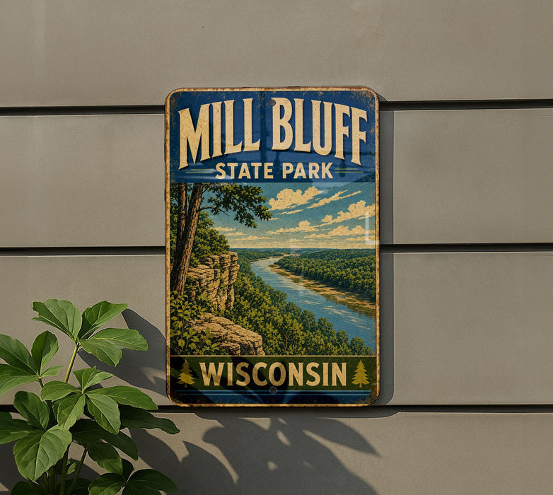 A vintage-style sign for Mill Bluff State Park in Wisconsin, featuring a scenic landscape with a river and forest.