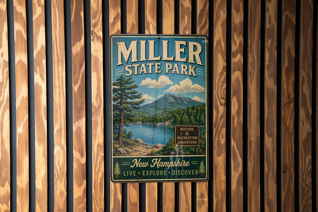 A vintage metal sign for Miller State Park, featuring a scenic landscape with a lake, mountains, and pine trees.